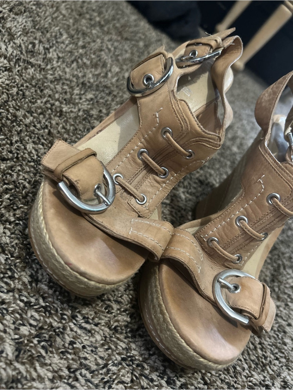Guess Tan Leather Wedge Sandals with Buckle Accents